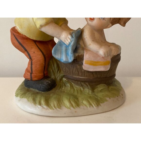 Figurine Boy Cap Bathing Little Girl Barrel Tub Statue Decor Vintage - Picture 5 of 10